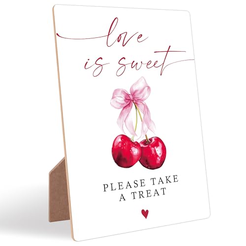 Cherry Wedding Signs for Reception, Pink Bow Love is Sweet Sign, Berry Wooden Wedding Signs with Stand, Pink Bow Theme Bridal Shower Decorations, Bridal Shower Party Supplies for Reception, 12 - color: Cheery12
