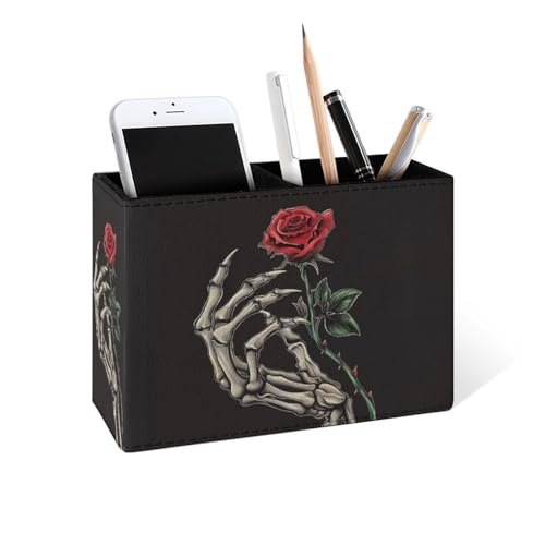 Famame Skeleton Hand Rose Thorn Pencil Holder for Desk, Leather Desktop Container Pen Cup Storage Study Table Pen Organizer Makeup Brush Holder for Classroom Office Home - color: Skeleton Hand Rose Thorn