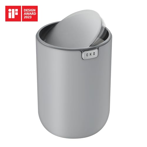 EKO Mini Desk Trash Can with Swing-Top Lid 0.4 Gallon Small Table Round Wastebasket for Office, Home, Car (Grey) - color: Grey, size: 1.5 Liters