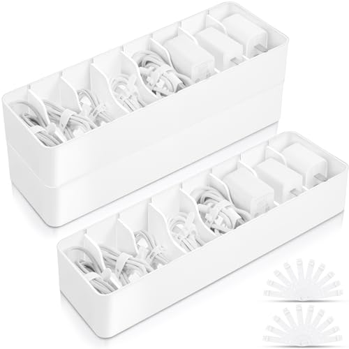 Tatuo 2 Pcs Cable Organizer with 20 Wire Ties, Plastic Cord Storage Charger Electronics Box with Adjustment Compartments for Drawer Home Office Desk Accessories (White) - color: White
