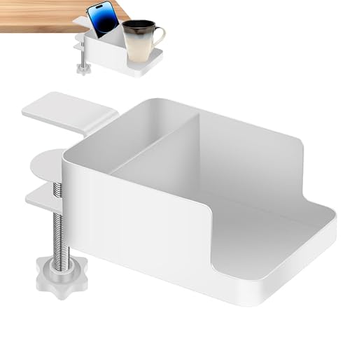 Desk Cup Holder Clamp - Ajustable Desktop Hanging Storage Rack, Clamp On Cup Holder with Cup/Phone/Pen, with Charging Hole and Spill-Proof Cup Design (White)