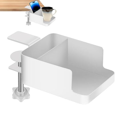 Desk Cup Holder Clamp - Ajustable Desktop Hanging Storage Rack, Clamp On Cup Holder with Cup/Phone/Pen, with Charging Hole and Spill-Proof Cup Design (White)