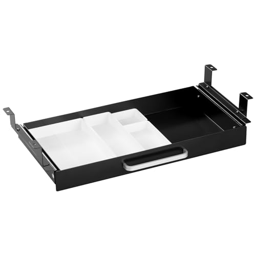 Under Desk Drawer Black 21" with 4 Divider Trays, Under Shelf Pencil Drawer Pull-out, Standing Desk Metal Storage Attachment Slide Out for Workbench - color: Black_Dual Mode