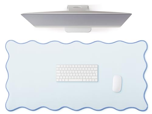 Hahafelt Scalloped Desk Mat Large Desk Pad Cute Coquette Table Mat Back to School Preppy Table Make up Pad Nonslip Graduation Gift with Stitching Waterproof Gaming(Blue,36 x 17 Inches) - color: Blue, size: 36L x 17W inches