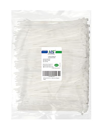 HS Clear Zip Ties 8 Inch (Bulk-1000 Pack) Nylon Cable Ties 40 Lbs Self-Locking Wire Ties for Electronics Organizer - color: White 8"1000