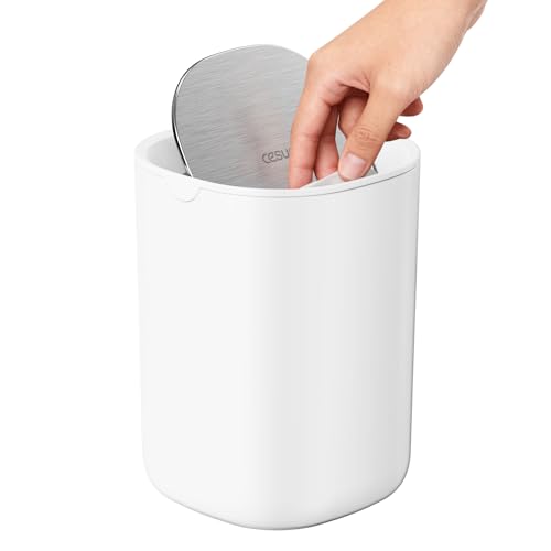 Cesun Mini Desktop Trash Can with Swing Lid, 0.4 Gallon Small Desk Trash Can, Countertop Wastebasket, Modern Tiny Tabletop Bin for Home Office, Makeup Area, or Car Interior (White) - color: White