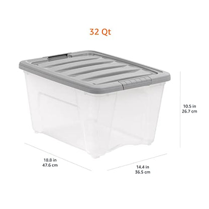 Amazon Basics Plastic Storage Containers with Secure Latching Lids, Stackable Organization Bins, Clear/Grey, 32 Quart, Set of 6 - size: 32 Qt. - 6 Pack