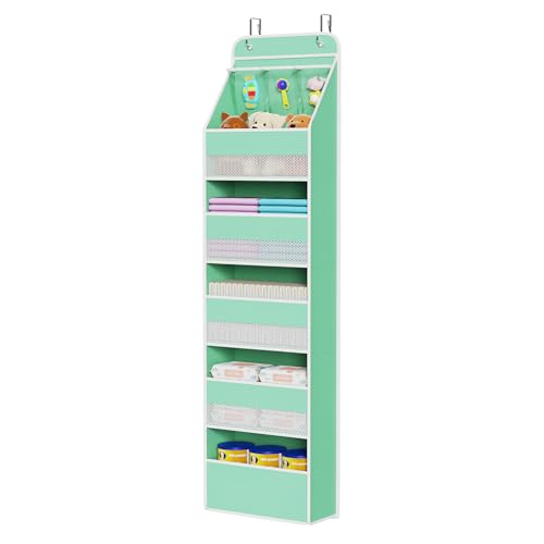 Univivi 6-Shelf Over Door Hanging Organizer Fabric Baby Door Storage with 5 Large Pockets and 3 Small PVC Pockets Wall Mount Hanging Storage Organizers for Baby Essential (Green) - color: Green, size: 6 LAYER