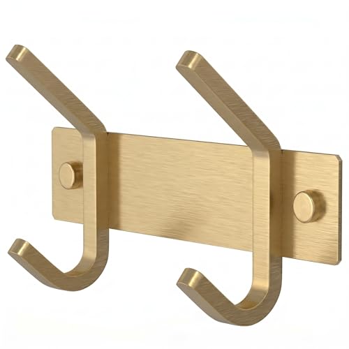 Brushed Gold Small Coat Rack Wall Mount – 6 Inch Stainless Steel Rail with 2 Double Coat Hooks for Entryway, Bathroom, Bedroom, Kitchen – Modern Gold Hook Rack for Coats, Hats, Towels - color: Gold, size: 2 Hooks - 1 Pack