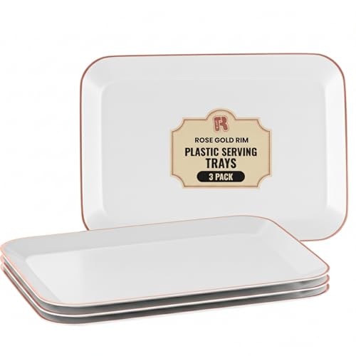 3 Pack Rose Gold Plastic Serving Trays for Party - Rose Gold Serving Tray 8 x 11 Inch - Heavy Duty Dessert Trays for Food - Rectangular Party Serving Trays for Entertaining - color: White and Rose Gold Rim