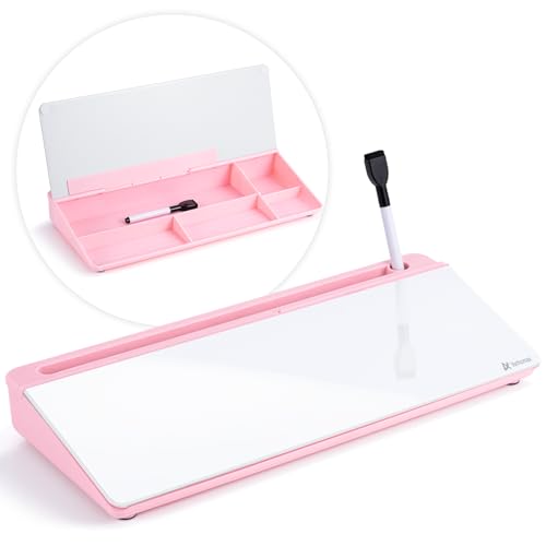 Varhomax Glass Desk Whiteboard with Storage, Desktop Organizer to-do List Memo Notepad Dry Erase White Board for Home Office and School Supplies (Pink) - color: Pink Base