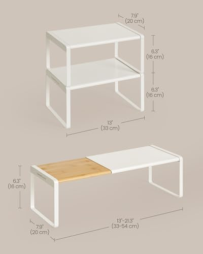 SONGMICS HOME Spice Racks, Expandable Cupboard Shelf Orgnizers, Kitchen Counter Shelves, Bamboo and Metal, Space-Saving Shelving, Stackable, Light Bamboo and Cream White UKCS051N01 - color: Light Bamboo + Cream White, size: 2 Pack
