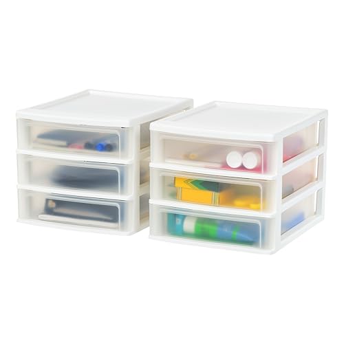 IRIS USA Plastic Stacking Desk Top 3-Drawer Storage Organizer, 2-Pack, for Makeup Vanity Nail Polish Bathroom Stationery Art Craft Supplies Kitchen Office Garage and Small Organization, Medium, White - color: White, style: Medium - 2 Pack