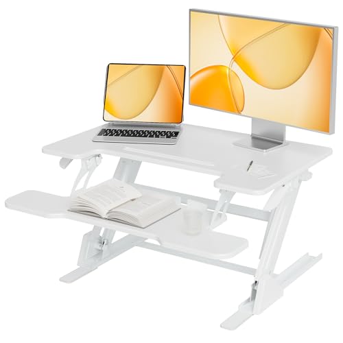 Claiks Standing Desk Converter 32 inch, Height Adjustable Sit Stand Up Desk Riser, Quick Sit to Stand Tabletop Dual Monitor Riser Workstation for Home Office with Keyboard Tray, White - color: White-1, size: 32 inch