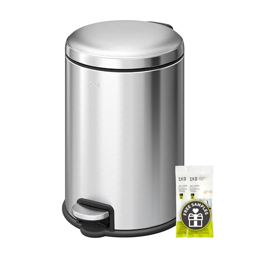 EKO Serene 5L / 1.32 Gallon Step Trash Can with Lid, Small Stainless Steel Round Garbage Can with Removable Inner Bucket, Compact Bin for Powder Rooms, Offices & Tight Bathroom Spaces. - color: Stainless Steel, size: 5L