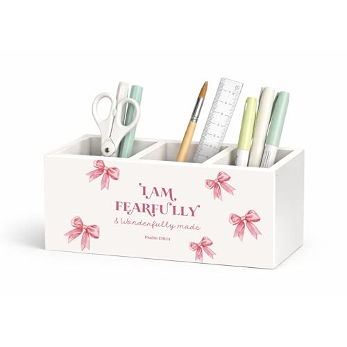 Girls Pink Bow Wooden Desk Organizer | Cute pink bow design; wooden pen and pencil holder keeps study, office, or home desktop supplies organized. - color: Fearfully Made