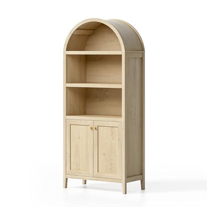 EYYTHUNG 71" Tall Arched Cabinet, 5-Tier Arched Bookcase Storage Display Cabinet with Doors and Shelves, Modern Farmhouse Bookshelf Kitchen Pantry Cabinet for Living Room Bedroom, Light Oak - color: Light Oak