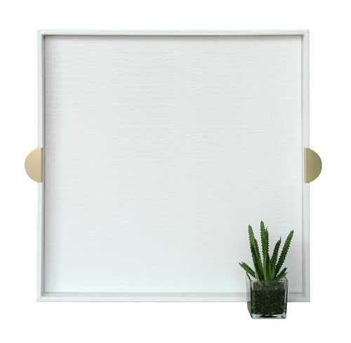 HofferRuffer Faux Leather Decorative Serving Tray, Elegant Coffee Table Ottoman Tray, Breakfast, Drinks, Liquor Serving Platter, White Croco Finish with Gold Hardware Handle (Square) - color: White, size: 17.8" x 17.8" x 2"