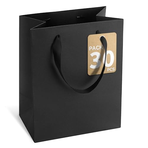 GEGIBOA Black Gift Bags With Handles, 8x5x10 Inch Sturdy Kraft Paper Gift Bags, Bulk for Wedding, Party, Birthday, Business and Shopping, Medium Size (1 Count (Pack of 30)) - size: Black-M-30-pcs