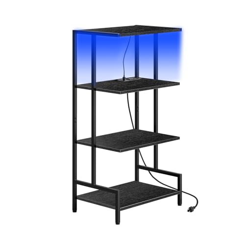 Arbuxzuy 4-Tier AV Media Stand with Power Outlet and LED Lights,Wooden Stereo Stand Cabinet,Game Console Shelf for Small Space,Audio Rack Stand Tower Ideal for Video DVD Players,Xbox - color: Black