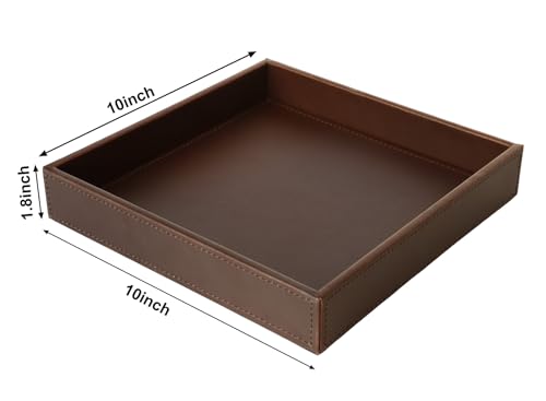 HofferRuffer Faux Leather Vanity Tray, Elegant Desktop Storage Organizer, Decorative Catchall for Perfume, Bathroom Valet, Nightstand or Dresser, 10 x 10 x 1.8 inches (Brown) - color: Brown, size: 10" x 10" x 1.8"