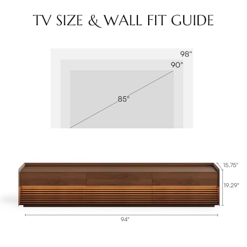 POVISON Fully-Assembled Mid Century Modern TV Stand, 94.49" Wood Media Console with Adjustable LED Light, Entertainment Center with Storage for Living Room