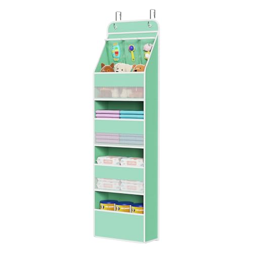 Univivi 5-Shelf Fabric Door Storage Over Door Hanging Organizer with 4 Large Pockets and 3 Small PVC Pockets Nursery Closet Cabinet Wall Mount Hanging Storage Organizers for Baby Nursery (Green) - color: Green, size: 5 LAYER
