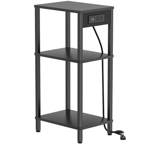 Creso hom Tall End Table with Charging Station, 3 Tier Black Side Table with Storage, Small Nightstand with Outlets for Bedroom, Living Room, Office - color: Black, size: 11"D x 15"W x 30"H