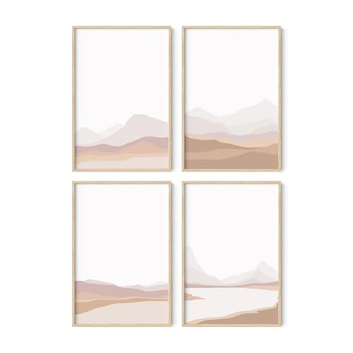 HAUS AND HUES Mountain Wall Art - Set of 4 Mid-Century Modern Landscape Decor, Nature & Modern Art Wall Art | Beige Framed 24x36 - color: Blush Mountain Landscape, size: 24x36, style: Beige Framed