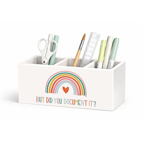 But Did You Document It Wooden Desk Organizer Pen Holder | Motivational quote design; 3-compartment wooden caddy holds pens, pencils, and supplies for office, home, or classroom. - color: Document It Rainbow