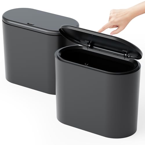3.17 Gallon Thin Small Black Bathroom Trash Can with Lid,12L Small Pet/Dog Proof Slim Trashcan and Skinny Covered Trash Can,Plastic Covered Wastebasket,Garbage Can for Kitchen,Office,RV,Bedroom,2 Pack - color: Black, style: Pack of 2