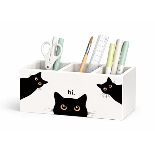 Black Cat Peeking Wooden Desk Organizer | Cute peeking black cat desk decor with 3 compartments; wooden pen holder for office supplies, home desk, or cat lover gift. - color: Black Cat Hello
