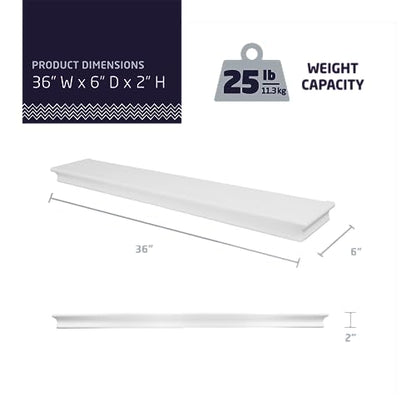HIGH & MIGHTY 515666 Decorative 36" Floating Shelf Holds up to 25lbs, Easy Tool-Free Dry Wall Installation, Beveled, eCommerce Packaging, White - size: 36 inch