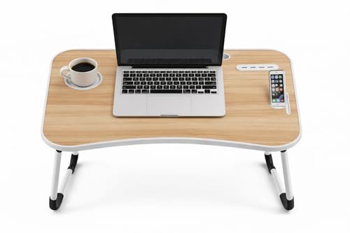 Portable Laptop Bed Table with Foldable Legs, Bamboo Wood Lap Desk with Cup Holder and Phone Slot, Non-Slip Feet for Work Study Breakfast Reading (Wood)