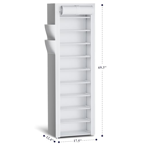 Kitsure Shoe Rack - 10-Tier Large Capacity Shoe Organizer Shelf with Dust Cover & Side Pockets, Rust-Proof Metal Shoe Rack for Closet, Entrance, Living Room, 17.5" x 12.4" x 69.3", White - color: White, size: 17.5" x 12.4" x 69.3"