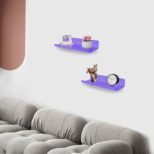 ROYALITA Small Acrylic Shelves Wall Mounted | Set of 2 | 12 Inches | Wall Hanging Plant Display Shelves, Room Decor Floating Wall Shelves for Gaming Room Bedroom, Living Room, Office, Purple - color: Purple, size: 12 Inch