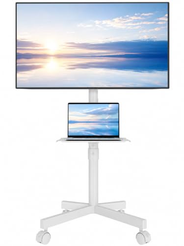 BONTEC Mobile TV Stand for 23-65 Inch TVs, Rolling TV Stand with Locking Wheels, Adjustable Height, Media Shelf, Outdoor TV Stand Max VESA 400x400mm, Holds Up to 88lbs, White - color: White, size: 23-65 Inch