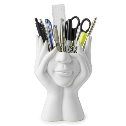 Face-Holding Creative Pen Holder Art Decor Ornament, suitable for desk/vanity tabletop brush storage, home/office/bookshelf room decoration, with artificial flower base and gift-giving.