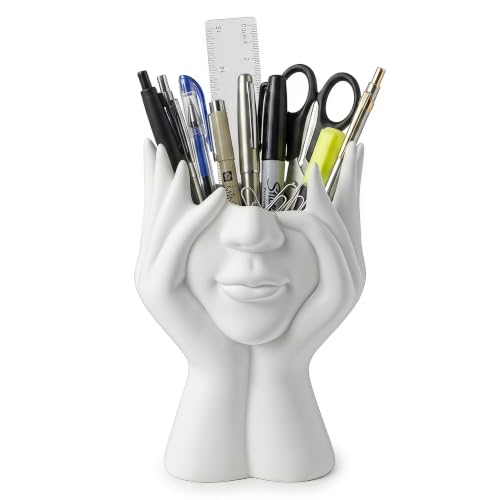 Face-Holding Creative Pen Holder Art Decor Ornament, suitable for desk/vanity tabletop brush storage, home/office/bookshelf room decoration, with artificial flower base and gift-giving.