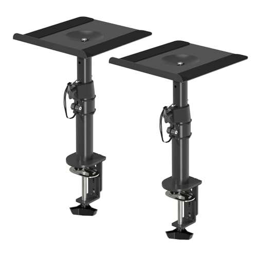 suptek Clamp-on Speaker Stand Desk Mount Set, Height Adjustment, Tilt, Swivel, 9.6 x 8.8 inch Trays, Universal Audio Holders for Computer and Bookshelf Speakers, Elevated Sound, 2 Pack, Black, SDM001B - color: Black