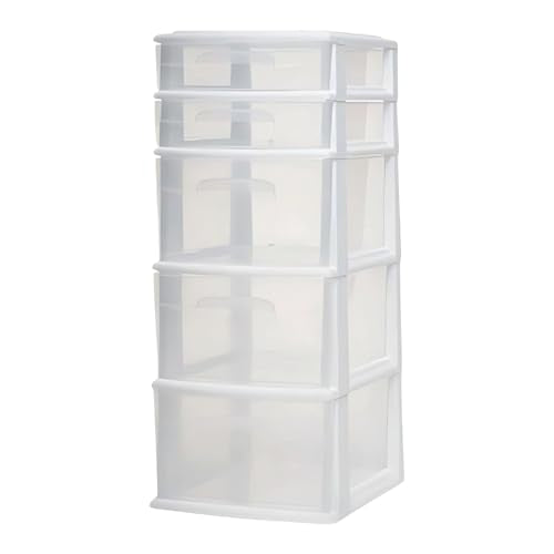 HOMZ 5-Drawer Storage Cart, Clear Plastic Drawers, 14.25" Wide Medium, White Frame - Organizing Drawer Containers for Home, Bathroom, Office, and Classroom - color: White frame with clear drawer
