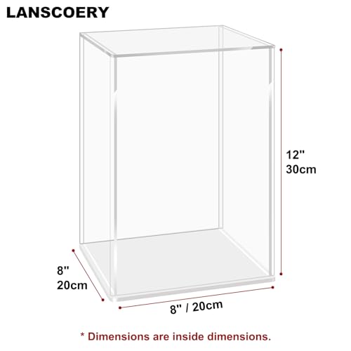 LANSCOERY Acrylic Display Case, 8x8x12 in, Upgraded Thickened UV-Resistant Showcase, 98% Clarity Dustproof Box with Glossy White Base for Action Figures, LEGO & Models, Includes Scraper & LED Light - color: White, size: 8x8x12inch; 20x20x30cm