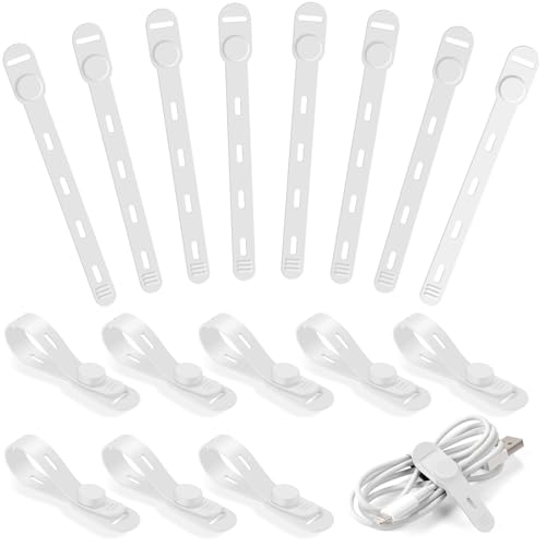 OneLeaf 16Pcs Premium Soft Silicone Cable Ties, Reusable Cord Organizer with Secure Buckle for Phone Charger, Bathroom & Home Organization, Tangle-Free Wire Keepers for Apple Cables - White - color: White