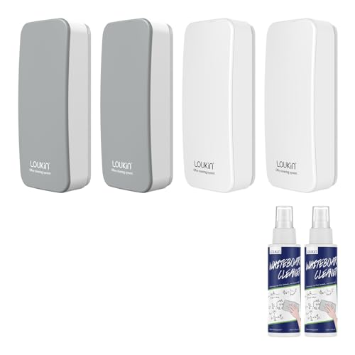 loukin 4 Pack Magnetic Dry Erase Eraser, Whiteboard Eraser, Glass Board Remover, 3.4 fl oz Whiteboard Cleaner * 2 Included, for Classroom, Home and Office Use (Grey*2, White*2) - color: Grey&white-4 Packs