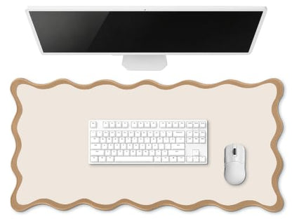 Hahafelt Scalloped Desk Mat Large Desk Pad Cute Coquette Table Mat Back to School Preppy Table Make up Pad Nonslip Graduation Gift with Stitching Waterproof Gaming(Beige,31.5 x 15.8 Inches) - color: Beige, size: 31.5 x 15.8 Inches