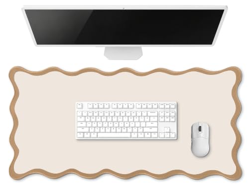 Hahafelt Scalloped Desk Mat Large Desk Pad Cute Coquette Table Mat Back to School Preppy Table Make up Pad Nonslip Graduation Gift with Stitching Waterproof Gaming(Beige,31.5 x 15.8 Inches) - color: Beige, size: 31.5 x 15.8 Inches