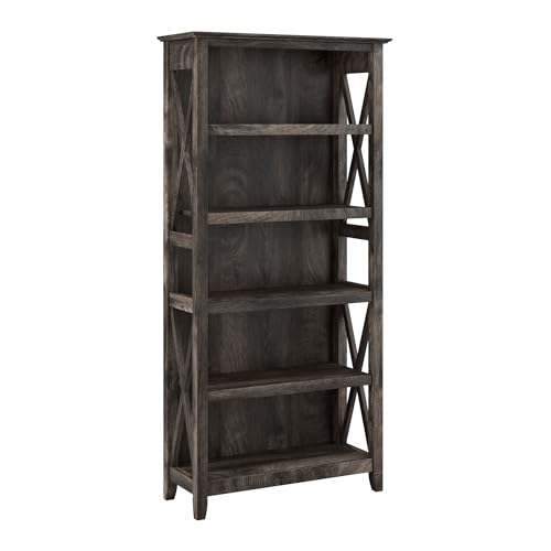Bush Home Tall 5 Shelf Bookcase for Living Room or Home Office, Large Bookshelf, Modern Farmhouse Style, Key West Collection, Dark Gray Hickory - color: Dark Gray Hickory, size: 5 Shelf