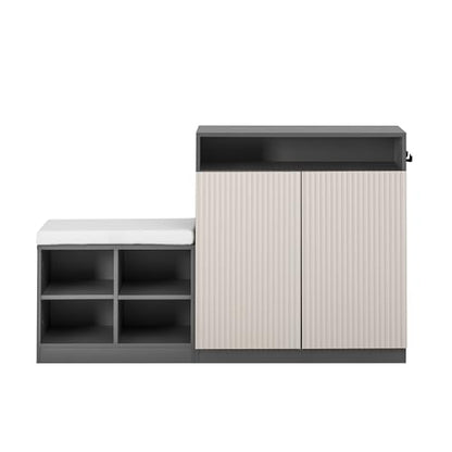 Low Entryway Shoe Cabinet with Bench,2 Doors and 3-Tier Adjustable Shelves,Living Room Benchs with 4 Open Shoe Racks and Removeble Cushion,Storage Console Table with Wavy Slatted Door and Hooks,Grey - color: Beige+grey