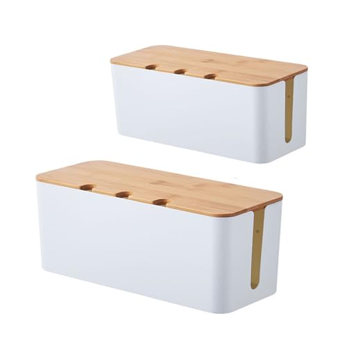 Cable Management Box with Bamboo Lid, Cord Organizer Box to Hide Wires & Power Strips, Extension Cord Power Stripe Surge Protector Wire Concealer Organizer Cover Hider (white-2pcs) - color: white-2pcs
