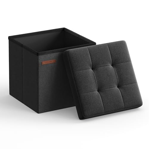 SONGMICS Storage Ottoman, Foldable Small Ottoman Foot Rest, 11.8 Inches Foot Stool, Cube Ottoman with Storage, Load up to 286 lb, for Living Room, Bedroom, Dorm, Ink Black ULSF028B01 - color: Ink Black, size: 11.8"D x 11.8"W x 11.8"H